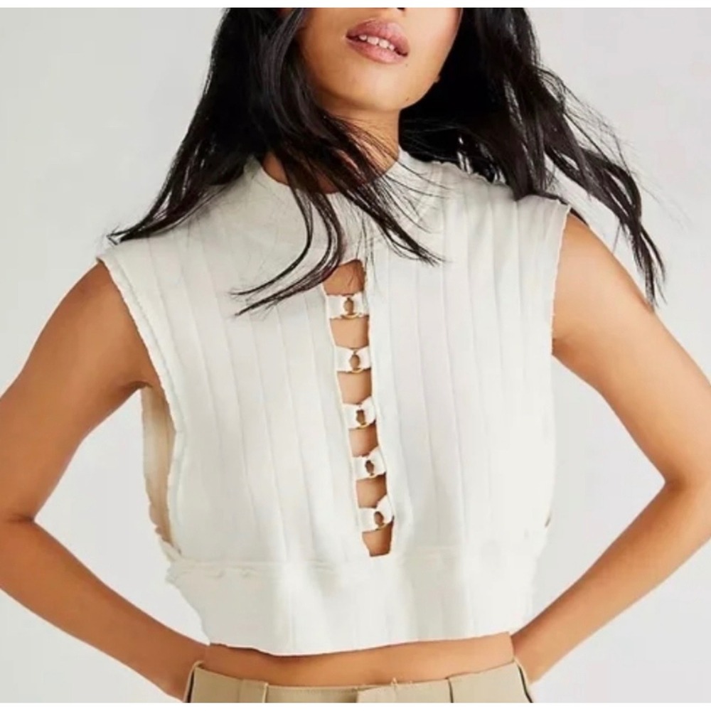Tricia Fix Harris Revolve Ring Mock Neck Ribbed Crop Boho Top Womens XS Ivory
